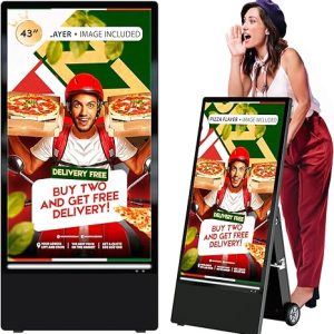 43 Inch Outdoor Digital Signage Display Kiosk, Portable Battery Powered High Brightness Screen LCD Advertising Displays, Movable Waterproof Standing Poster, Android OS