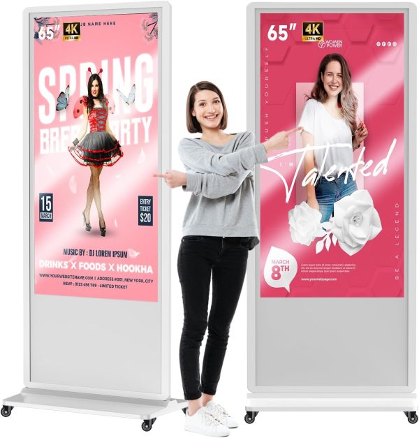 65 Inch 4K Touchscreen Kiosk, Indoor Floor Standing Digital Signage Display, Advertising Display LCD Kiosk, Interactive Display Poster Android OS with Auto Media Player, HDMI/USB/WiFi, White