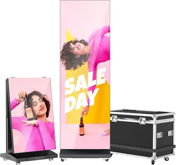 LED Digital Signage Display with Flight Case, P1.86 Spliceable LED Poster Screen with Publishing System, Foldable LED Advertising Display Kiosk for Events and Rentals, WiFi/USB/HDMI (1 Panel), Black