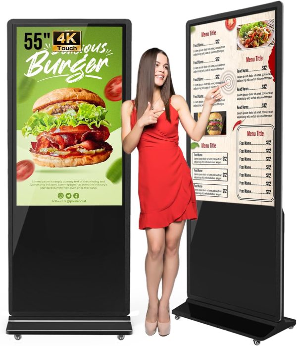 55 Inch 4K Touchscreen Kiosk, Indoor Floor Standing Digital Signage Displays, Advertising Display LCD Totem, Interactive Display Poster Android System with Auto Media Player